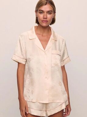 Eberjey Cream Short-Sleeve Silk-Feel Pajama Top